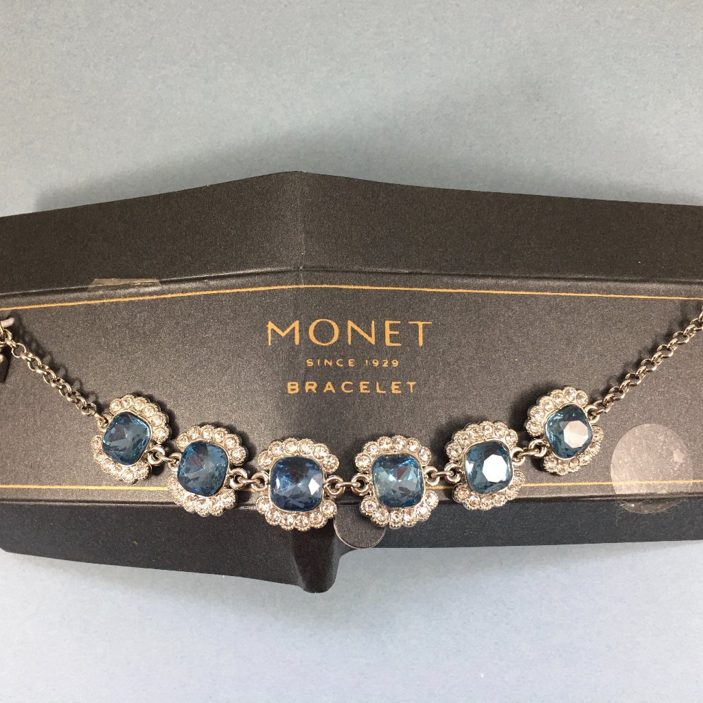 Monet Blue Rhinestone Silver Tone Bracelet 16$